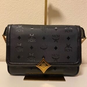 MCM Black Monogram Crossbody Bag with Gold-Tone Accent